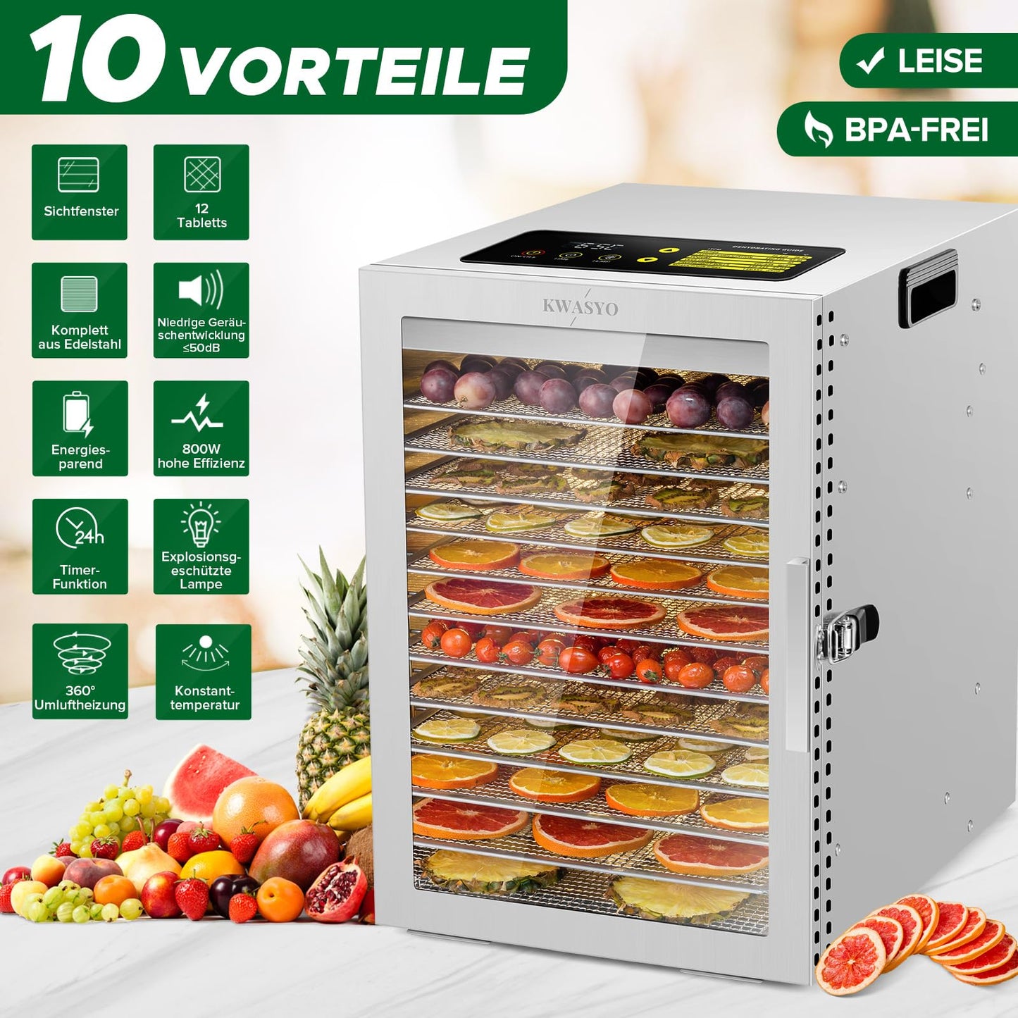 Kwasyo Dehydrator Stainless Steel, Double Fan 360° Efficient Dry, Dehydrator 12 Levels, 20-90°C Temperature Control, 24 Hour Timer, Overheating Protection, Recipe Book for Meat, Fruit, Vegetables,