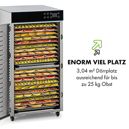 Klarstein Dörrautomat Edelstahl – 4.000-W-Dörrgerät, 48 Edelstahl-Einlegeböden, 30–90 °C, 24-Stunden-Timer, 6 Ventilatoren, 2 Trockenkammern, 50–55 dB, ideal für Obst, Gemüse, Fleisch, Kräuter, Silber