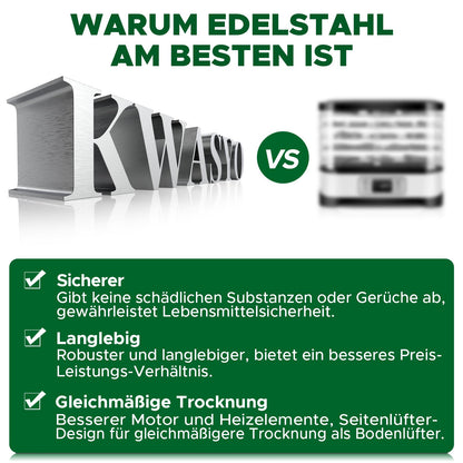 Kwasyo Dörrautomat Edelstahl DA 1000, XXL-Dörrfläche 1,8 m², Dörrgerät Temperatur einstellbar 30-90℃, LED-Display, 24 Std, BPA-frei, mit Rezeptheft, 10 Edelstahl-Dörrtabletts
