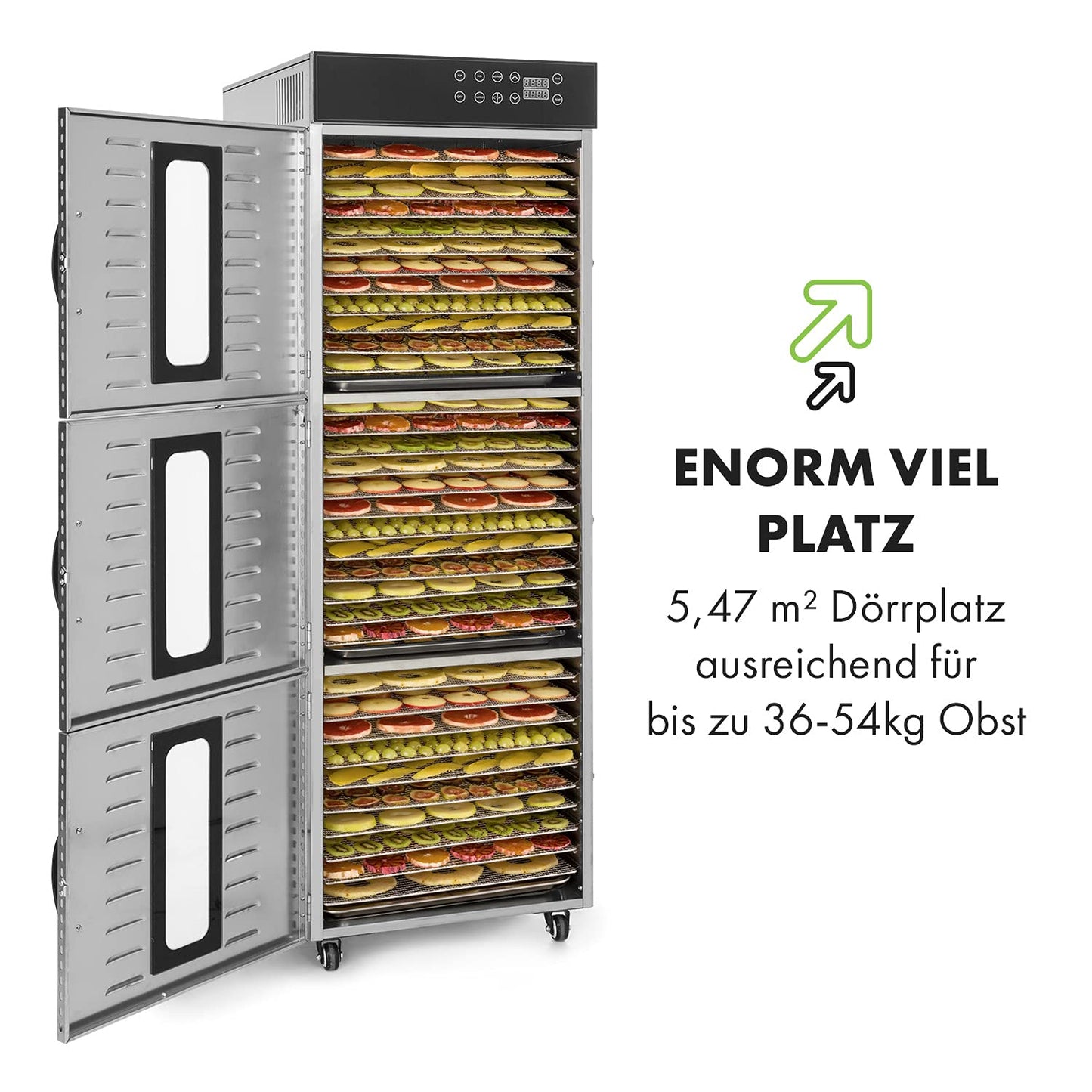 Klarstein Dörrautomat Edelstahl – 4.000-W-Dörrgerät, 48 Edelstahl-Einlegeböden, 30–90 °C, 24-Stunden-Timer, 6 Ventilatoren, 2 Trockenkammern, 50–55 dB, ideal für Obst, Gemüse, Fleisch, Kräuter, Silber