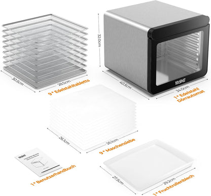 YASHE Stainless Steel Dehydrator with Digital Control (Temperature up to 75°C, Timer up to 48 Hours), 9 Trays Dehydrator for Fruit and Vegetables, Rear Fan for 360° Air Circulation, 800 W