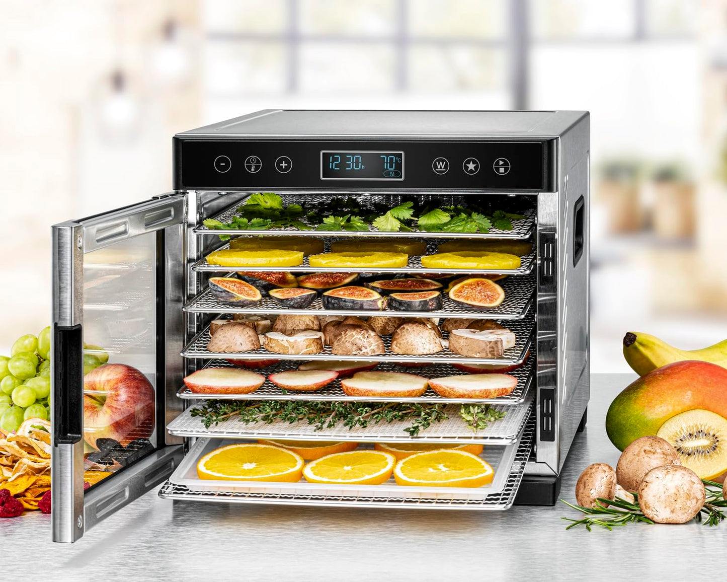 ROMMELSBACHER Dörrautomat DA 1000, XXL-Dörrfläche 1,6 m², inkl. 10 Edelstahl-Dörrtabletts, 2 Dörrgitter, 2 Dörrmatten, LED-Display, 24 Std. Zeitschaltuhr, Temperatur einstellbar (35 °C – 75 °C)