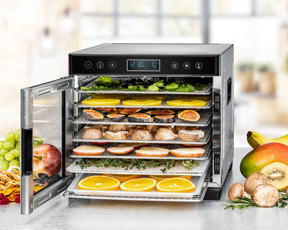 ROMMELSBACHER Dörrautomat DA 1000, XXL-Dörrfläche 1,6 m², inkl. 10 Edelstahl-Dörrtabletts, 2 Dörrgitter, 2 Dörrmatten, LED-Display, 24 Std. Zeitschaltuhr, Temperatur einstellbar (35 °C – 75 °C)