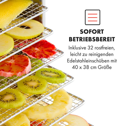 Klarstein Dörrautomat Edelstahl – 4.000-W-Dörrgerät, 48 Edelstahl-Einlegeböden, 30–90 °C, 24-Stunden-Timer, 6 Ventilatoren, 2 Trockenkammern, 50–55 dB, ideal für Obst, Gemüse, Fleisch, Kräuter, Silber