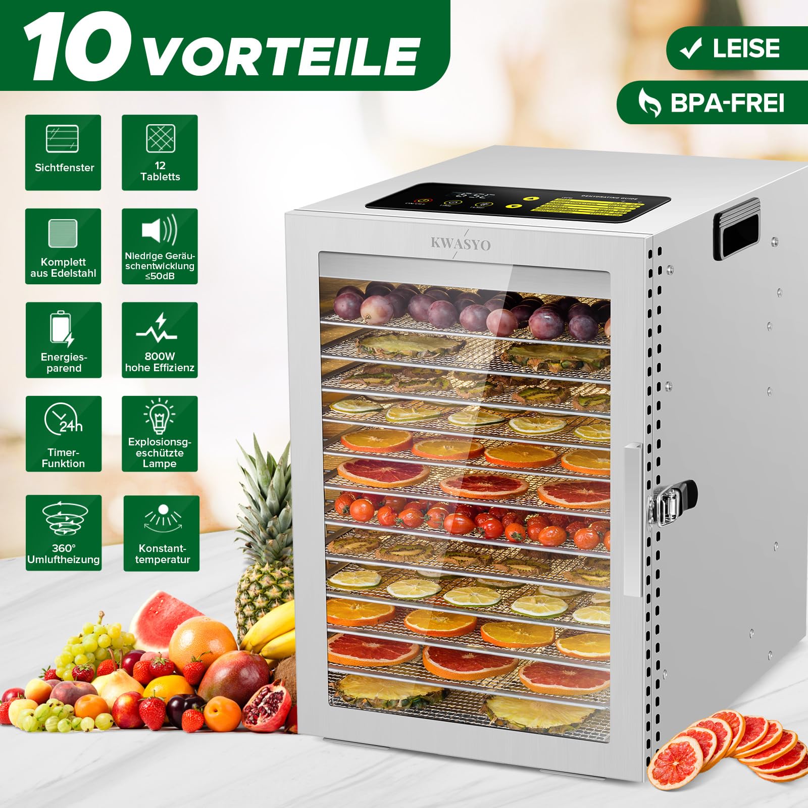 Kwasyo Dehydrator Stainless Steel, Double Fan 360° Efficient Dry, Dehydrator 12 Levels, 20-90°C Temperature Control, 24 Hour Timer, Overheating Protection, Recipe Book for Meat, Fruit, Vegetables,