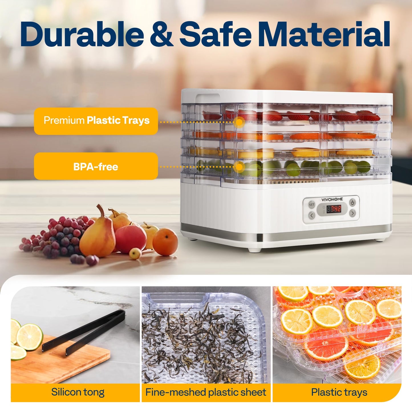 VIVOHOME Dörrautomat mit 8 Einlegefächern 400W BPA frei Dörrgerät mit Temperaturregler von 35°C bis 70°C inkl.72H Timer und Rezept für Fleisch,Obst,Haustier-Leckereiene