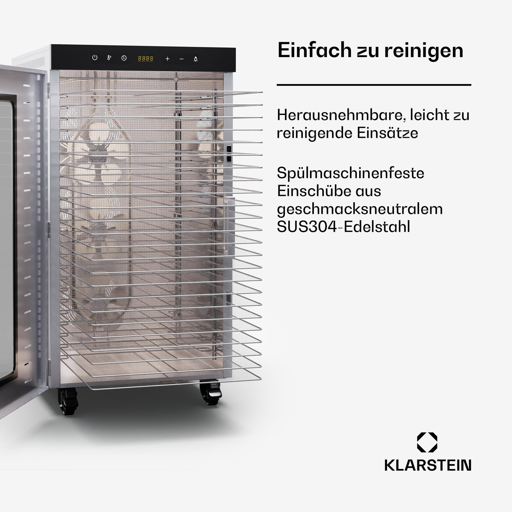 Klarstein Dörrautomat Edelstahl – 4.000-W-Dörrgerät, 48 Edelstahl-Einlegeböden, 30–90 °C, 24-Stunden-Timer, 6 Ventilatoren, 2 Trockenkammern, 50–55 dB, ideal für Obst, Gemüse, Fleisch, Kräuter, Silber