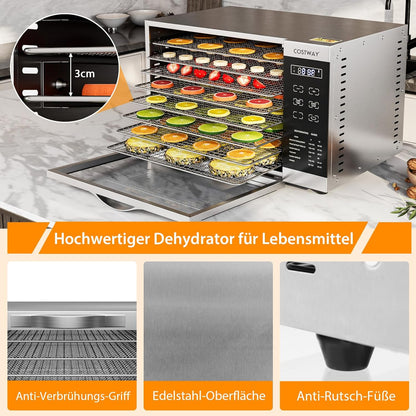 COSTWAY Dehydrator with 8 Grid Trays, 620W Dehydrator 30-70°C Temperature Control & 24H Timer, Overheating & Overload Protection, Food Dryer for Fruit, Meat, Vegetables