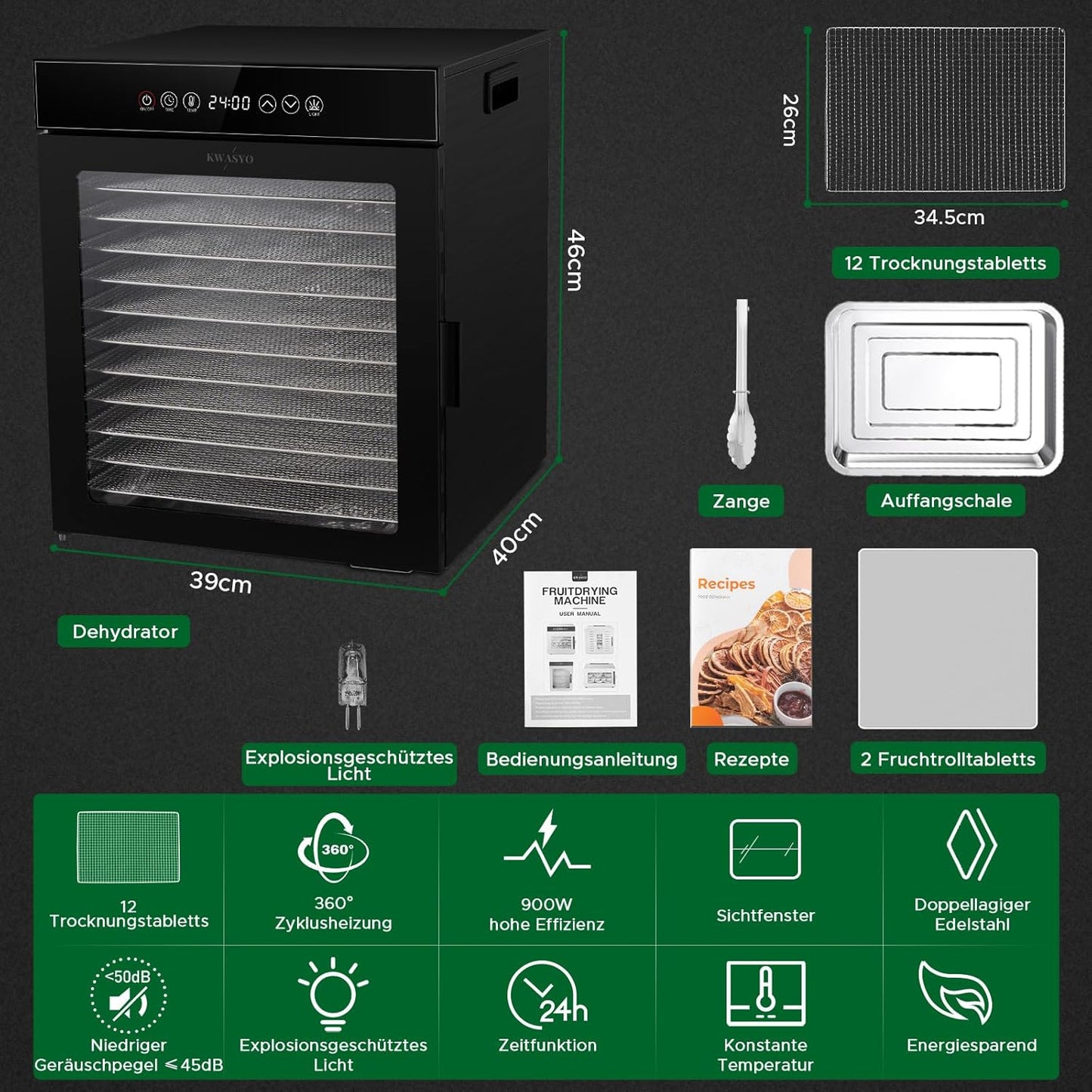 Kwasyo Dörrautomat Edelstahl, Dörrgerät 12 Etagen Ganz in Schwarz, 30-90℃ Temperaturregelung, 24 Stunden Timer, Rezeptheft für Fleisch Obst Gemüse Kräuter, 1000W, LT-09